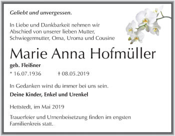 Traueranzeige von Marie Anna Hofmüller von Mitteldeutsche Zeitung Mansfelder Land