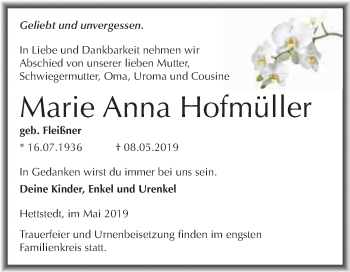 Traueranzeige von Marie Anna Hofmüller von Super Sonntag SGH Mansf. Land