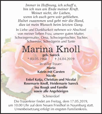 Traueranzeige von Marina Knoll von WVG - Wochenspiegel NMB / WSF / ZTZ