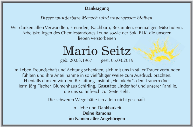  Traueranzeige für Mario Seitz vom 22.05.2019 aus WVG - Wochenspiegel NMB / WSF / ZTZ