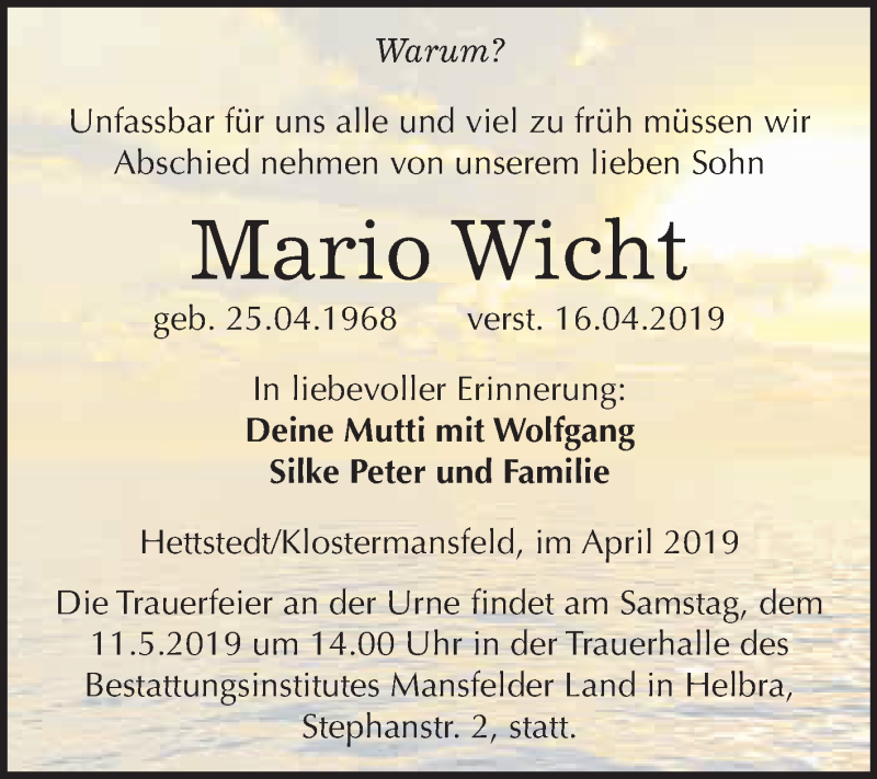  Traueranzeige für Mario Wicht vom 01.05.2019 aus Wochenspiegel Mansfelder Land