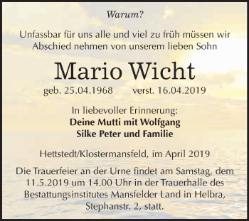 Traueranzeige von Mario Wicht von Wochenspiegel Mansfelder Land