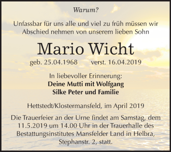 Traueranzeige von Mario Wicht von Mitteldeutsche Zeitung Mansfelder Land