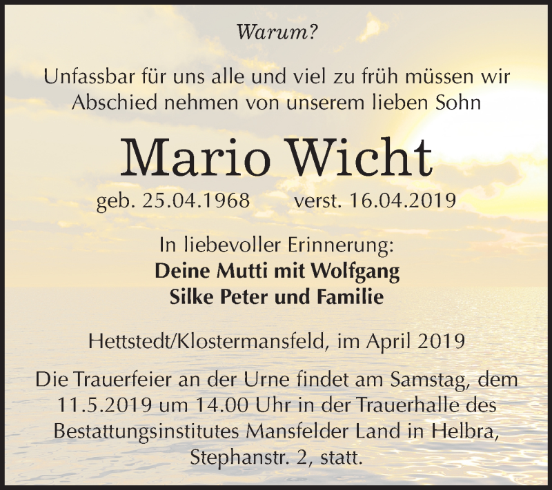  Traueranzeige für Mario Wicht vom 02.05.2019 aus Mitteldeutsche Zeitung Mansfelder Land