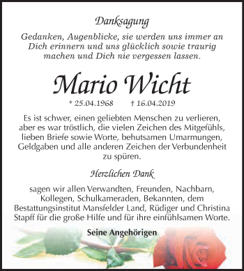 Traueranzeige von Mario Wicht von Wochenspiegel Mansfelder Land