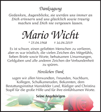 Traueranzeige von Mario Wicht von Mitteldeutsche Zeitung Mansfelder Land