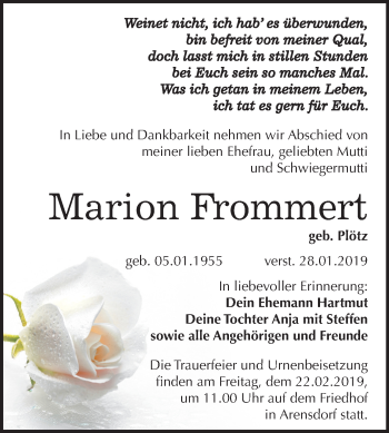 Traueranzeige von Marion Frommert von Mitteldeutsche Zeitung Köthen