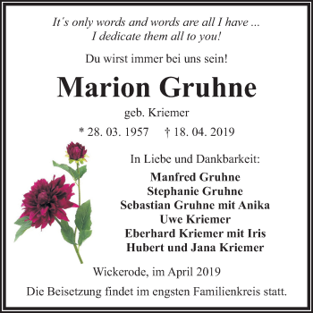 Traueranzeige von Marion Gruhne von Super Sonntag SGH Mansf. Land
