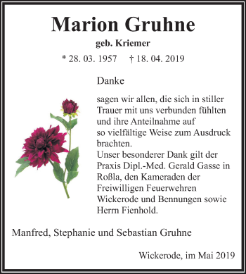 Traueranzeige von Marion Gruhne von Super Sonntag SGH Mansf. Land