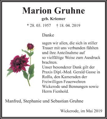 Traueranzeige von Marion Gruhne von Mitteldeutsche Zeitung