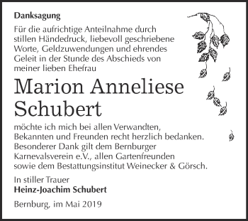 Traueranzeige von Marion Anneliese Schubert von Super Sonntag Bernburg