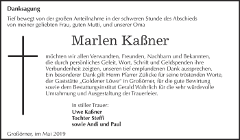 Traueranzeige von Marlen Kaßner von Super Sonntag SGH Mansf. Land