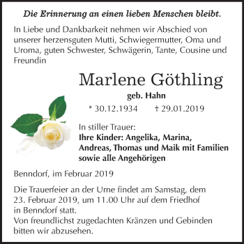 Traueranzeige von Marlene Göthling von Mitteldeutsche Zeitung Aschersleben