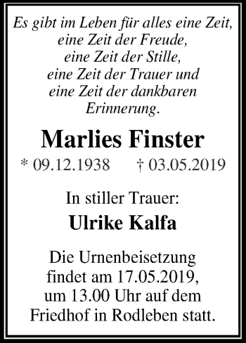 Traueranzeige von Marlies Finster von WVG - Wochenspiegel Dessau / Köthen