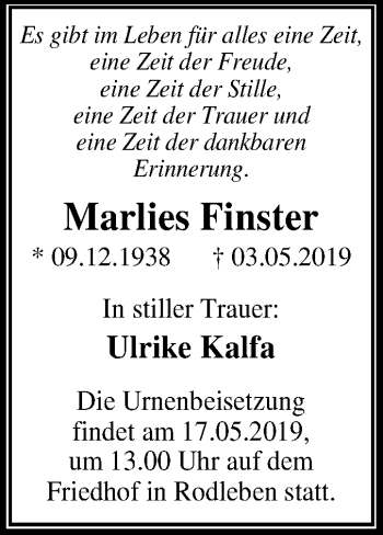 Traueranzeige von Marlies Finster von Mitteldeutsche Zeitung Dessau-Roßlau