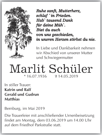 Traueranzeige von Marlit Schüler von Super Sonntag Bernburg