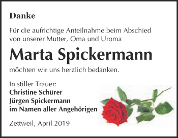 Traueranzeige von Marta Spickermann von Super Sonntag Zeitz