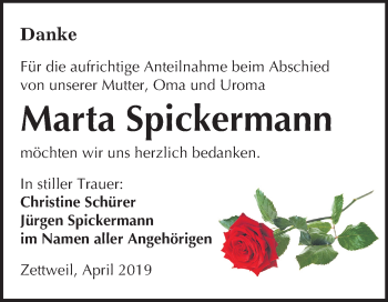 Traueranzeige von Marta Spickermann von Mitteldeutsche Zeitung Zeitz