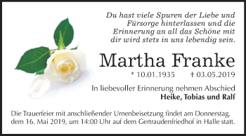 Traueranzeige von Martha Franke von Mitteldeutsche Zeitung Halle/Saalkreis