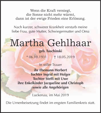 Traueranzeige von Martha Gehhaar von WVG - Wochenspiegel NMB / WSF / ZTZ
