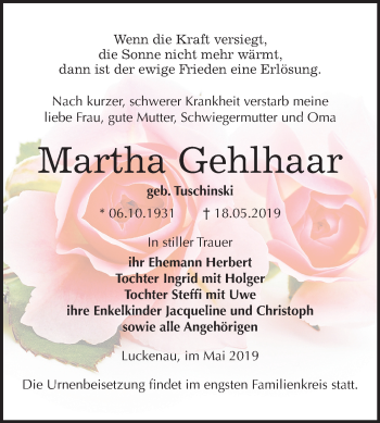 Traueranzeige von Martha Gehlhaar von Mitteldeutsche Zeitung