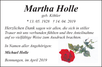 Traueranzeige von Martha Holle von WVG - Wochenspiegel SGH