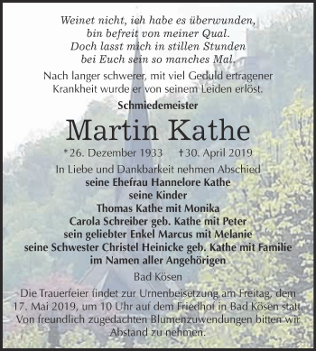 Traueranzeige von Martin Kathe von WVG - Wochenspiegel NMB / WSF / ZTZ