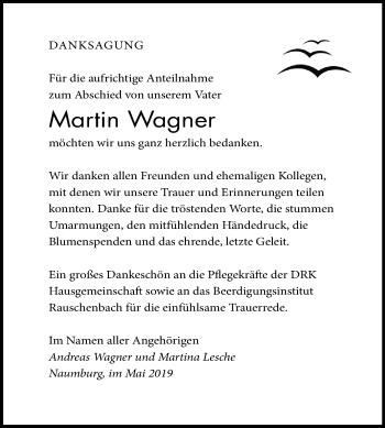 Traueranzeige von Martin Wagner von Mitteldeutsche Zeitung