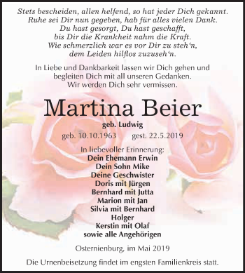 Traueranzeige von Martina Beier von WVG - Wochenspiegel Dessau / Köthen