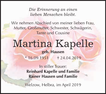 Traueranzeige von Martina Kapelle von Wochenspiegel Mansfelder Land
