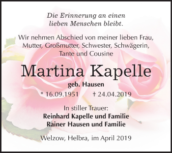 Traueranzeige von Martina Kapelle von Mitteldeutsche Zeitung Mansfelder Land