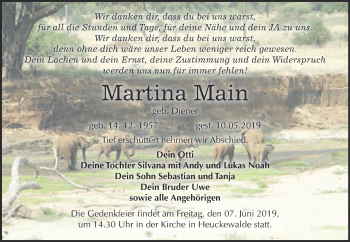 Traueranzeige von Martina Main von WVG - Wochenspiegel NMB / WSF / ZTZ