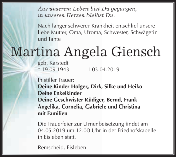 Traueranzeige von Martina Angela Giensch von Wochenspiegel Mansfelder Land