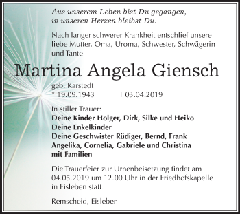 Traueranzeige von Martina Angela Giensch von Mitteldeutsche Zeitung Mansfelder Land