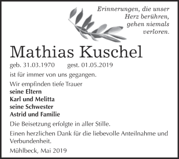 Traueranzeige von Mathias Kuschel von WVG - Wochenspiegel Bitterfeld