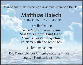 Traueranzeige von Matthias Baisch von WVG - Wochenspiegel NMB / WSF / ZTZ