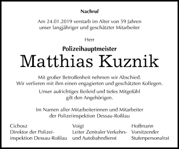 Traueranzeige von Matthias Kuznik von Mitteldeutsche Zeitung Bitterfeld