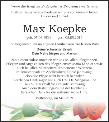 Traueranzeige von Max Koepke von WVG - Wochenspiegel Wittenberg