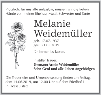 Traueranzeige von Melanie Weidemüller von WVG - Wochenspiegel Dessau / Köthen
