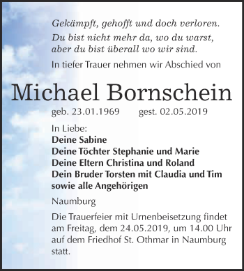 Traueranzeige von Michael Bornschein von WVG - Wochenspiegel NMB / WSF / ZTZ