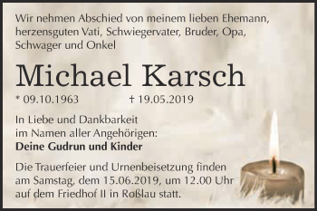 Traueranzeige von Michael Karsch von WVG - Wochenspiegel Dessau / Köthen