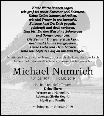 Traueranzeige von Michael Numrich von Mitteldeutsche Zeitung Aschersleben