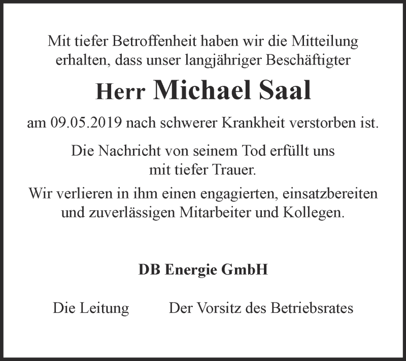  Traueranzeige für Michael Saal vom 25.05.2019 aus WVG - Wochenspiegel Halle