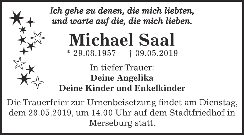  Traueranzeige für Michael Saal vom 18.05.2019 aus WVG - Wochenspiegel Merseburg
