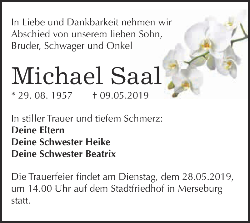  Traueranzeige für Michael Saal vom 18.05.2019 aus WVG - Wochenspiegel Merseburg