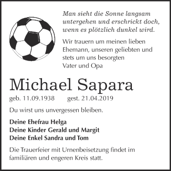 Traueranzeige von Michael Sapara von WVG - Wochenspiegel Bitterfeld