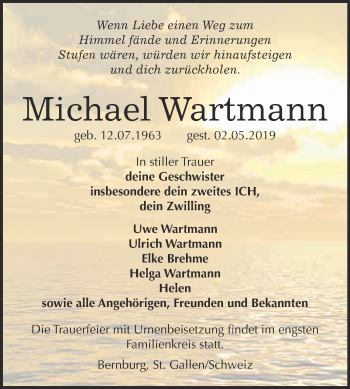 Traueranzeige von Michael Wartmann von Super Sonntag Bernburg
