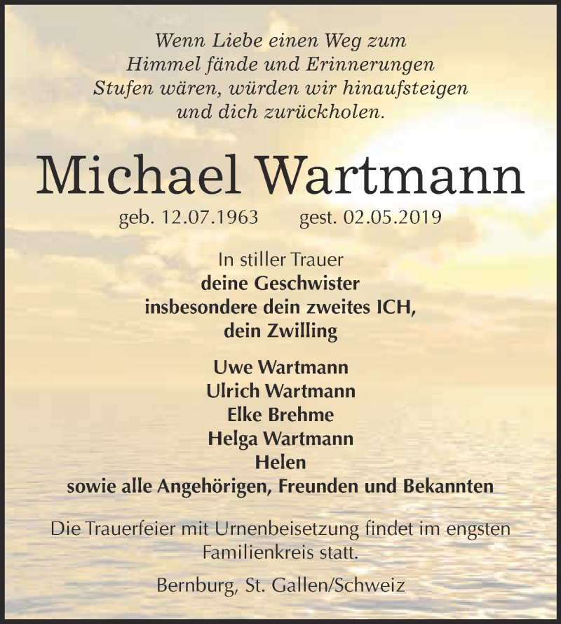  Traueranzeige für Michael Wartmann vom 20.05.2019 aus Super Sonntag Bernburg