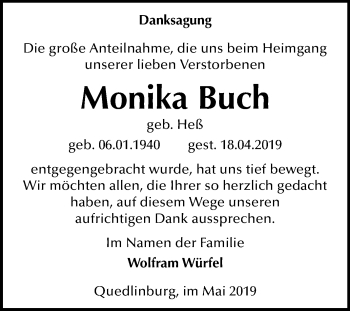Traueranzeige von Monika Buch von Mitteldeutsche Zeitung