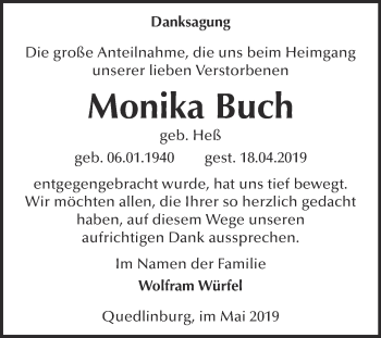 Traueranzeige von Monika Buch von Super Sonntag Quedlinburg
